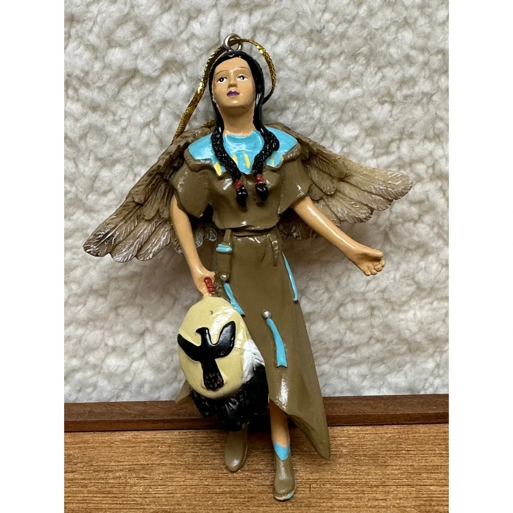 Native American Angel Ornament Resin Figurine w/ Winged Woman Ceremonial Shield